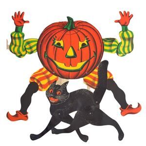 Set of 2 Retro Articulated Halloween Decorations JackOLantern Black Cat Beistle
